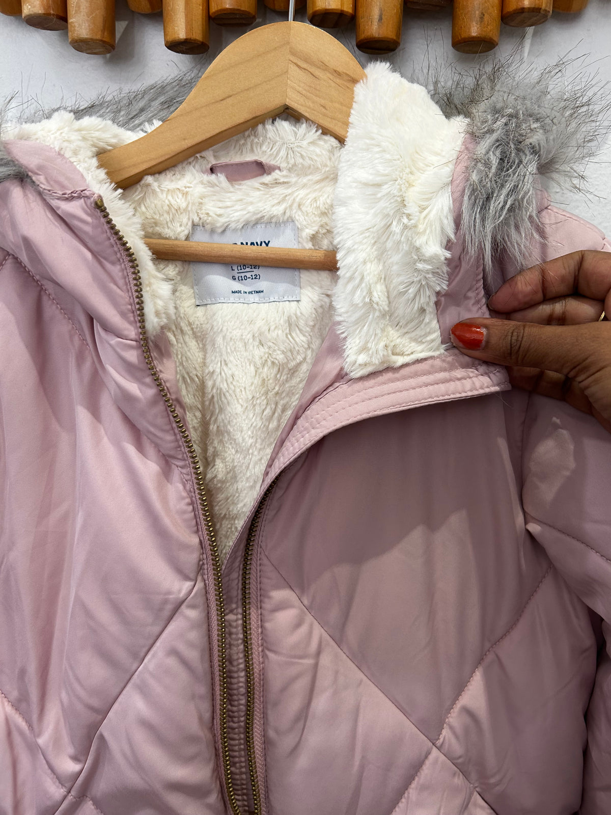 Light pink furry lined puffer jacket 10-12y