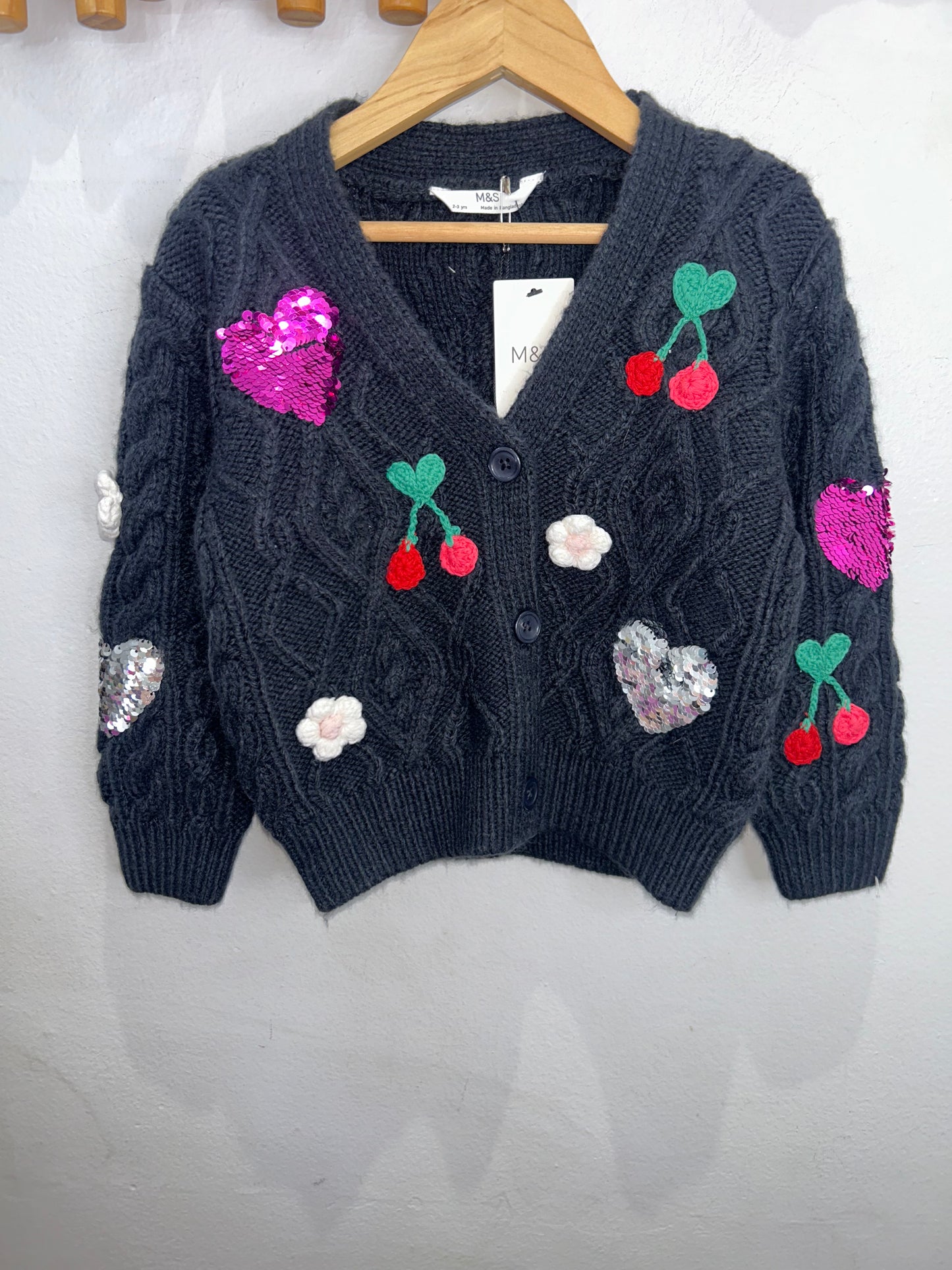 Cherries and sparkly hearts cardigan 2-3y NEW