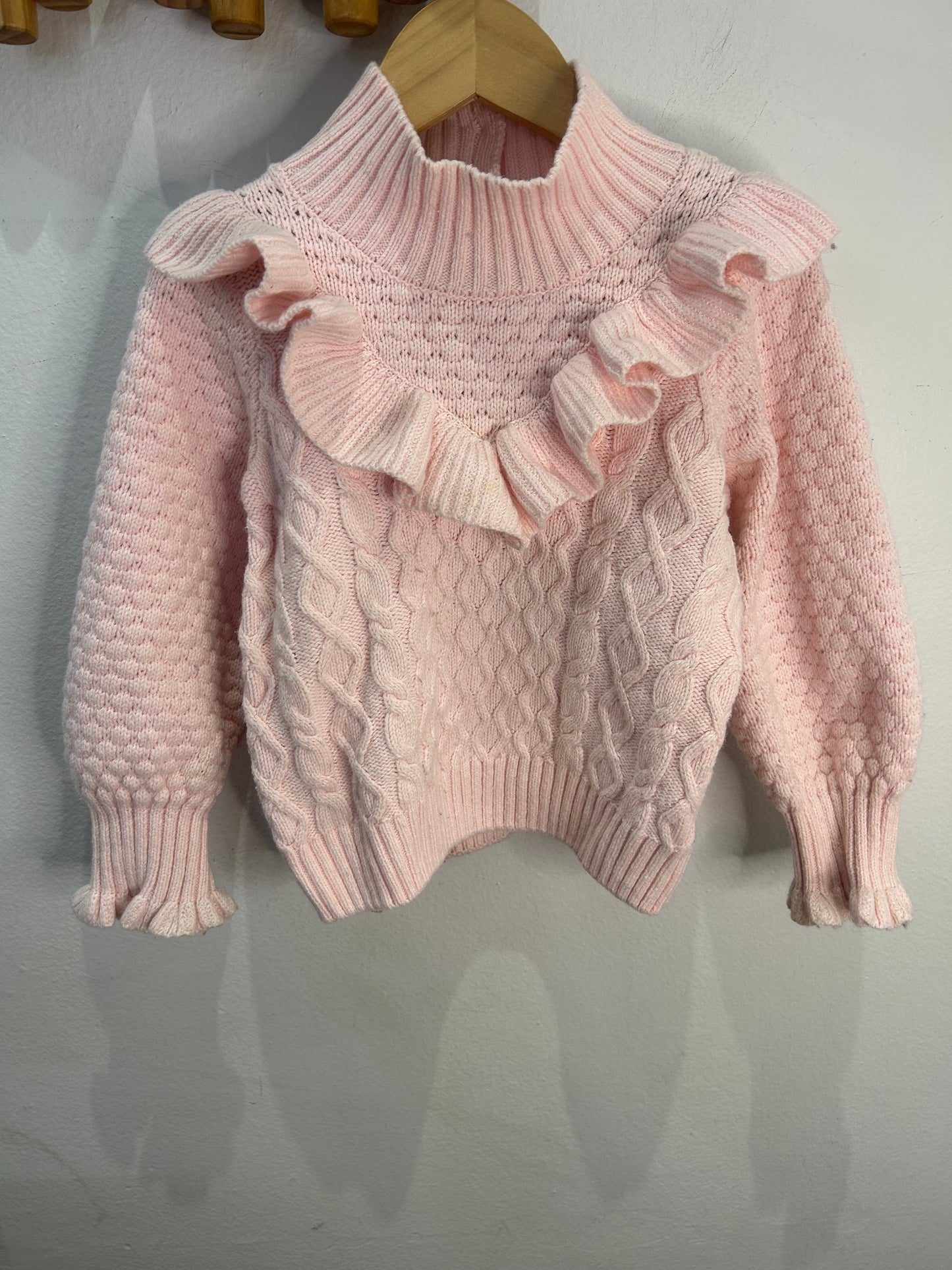 Pink frilly cable knit sweater 2y