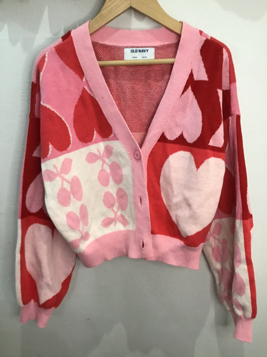 Red and pink shapes cardigan 10-12y