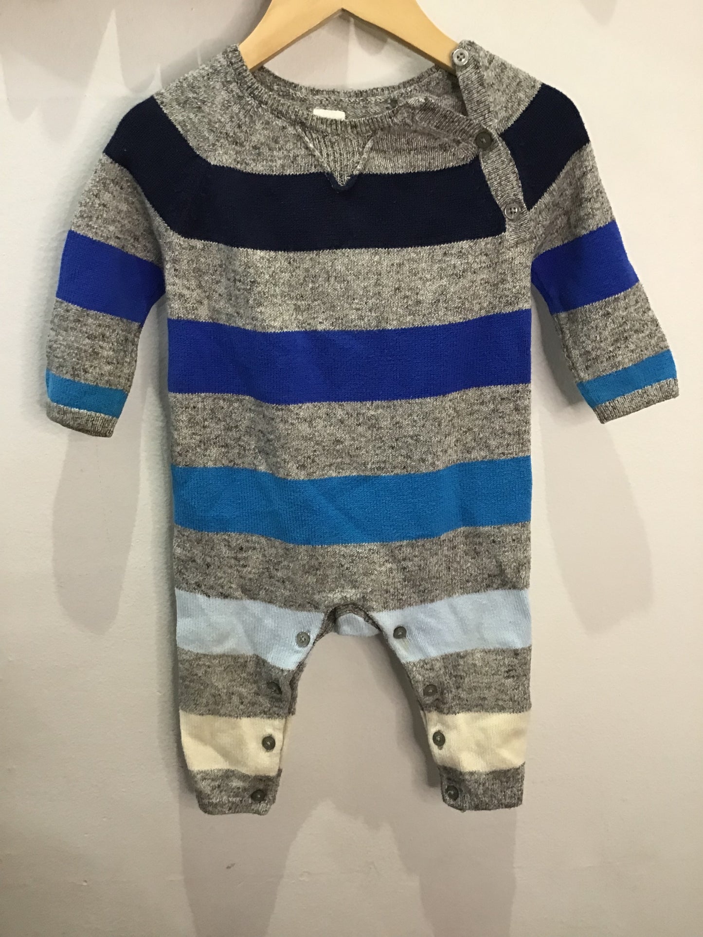 Blue stripe sweatr romper 6-12m