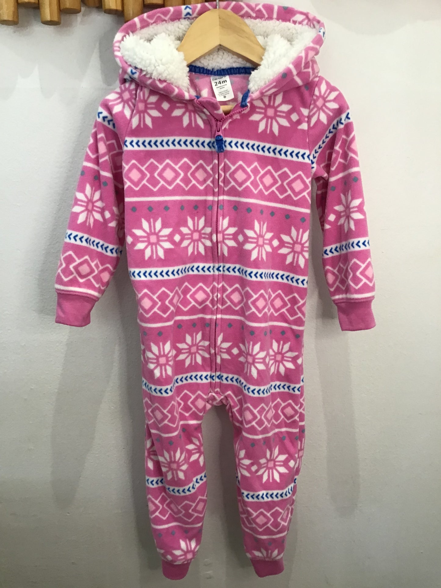 Fleece pink hooded romper 24m