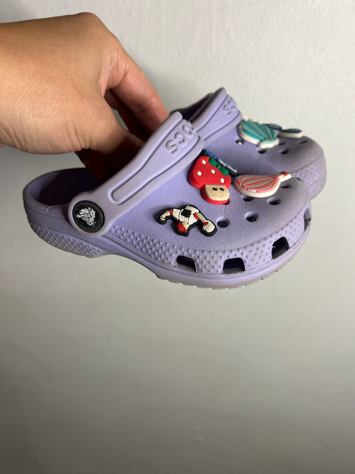 C7 lilac Crocs with Jibbitz