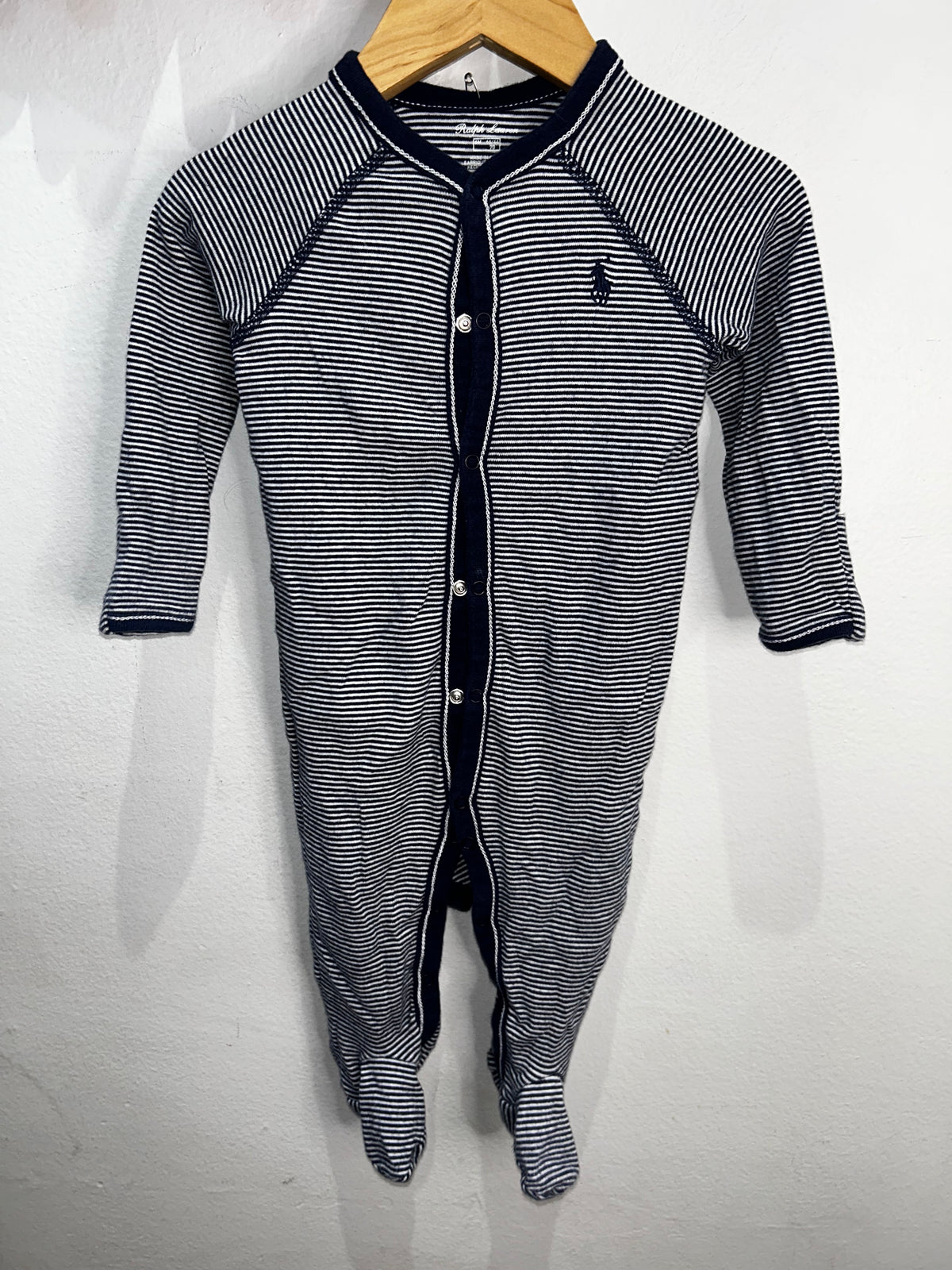 Blue striped button sleeper 6m