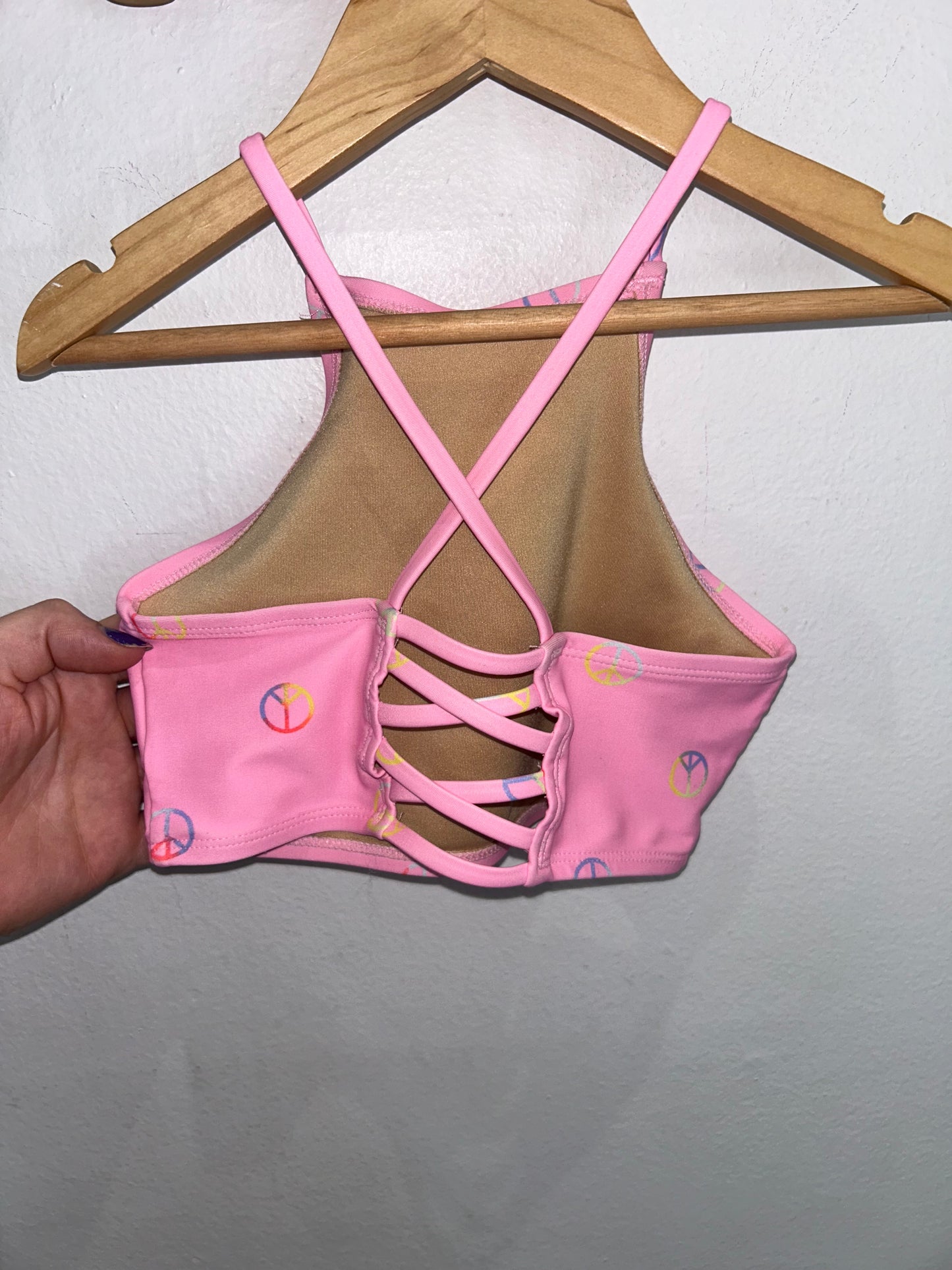 Pink peace sign two-piece swimsuit 5y