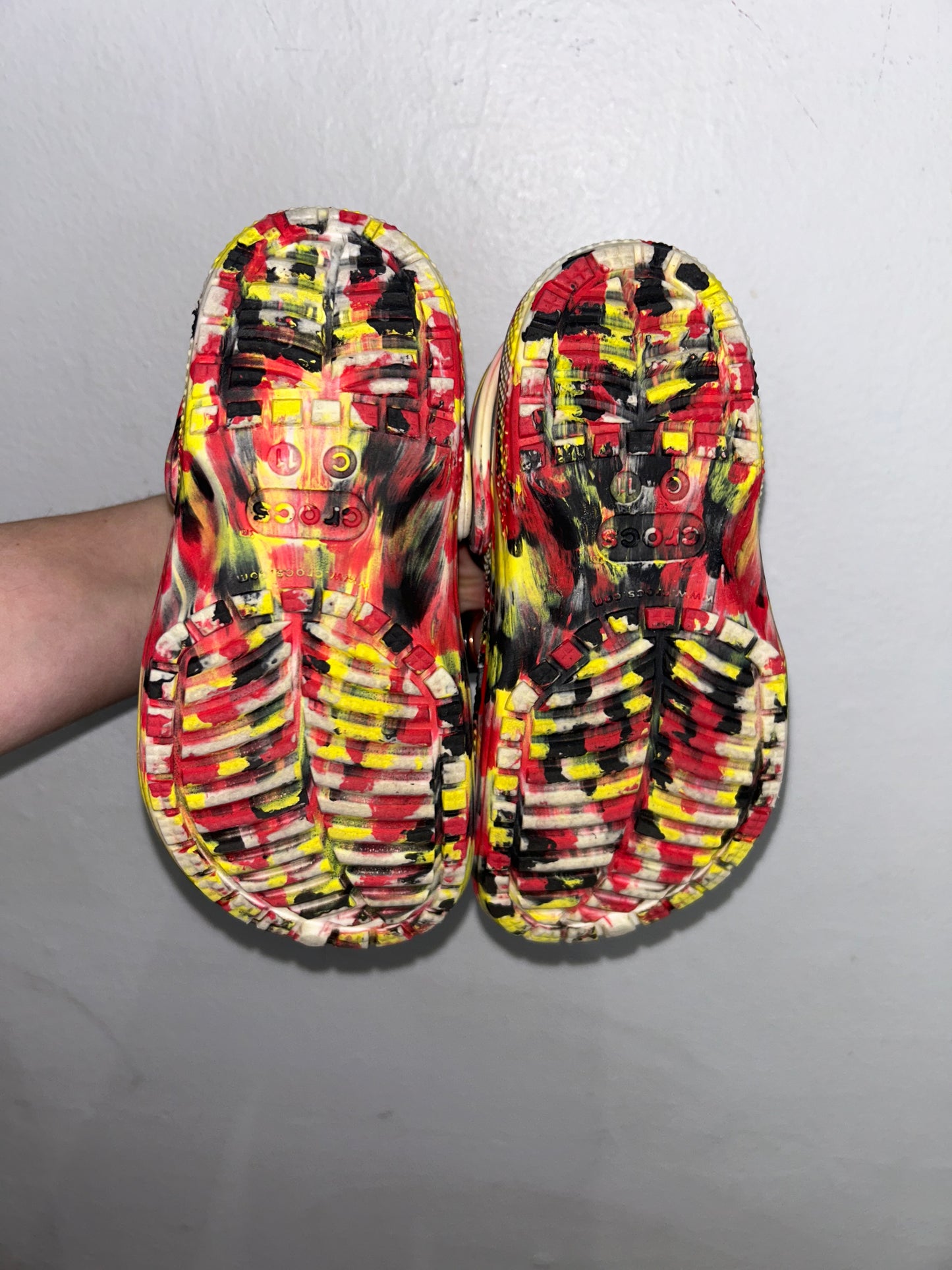 C11 red marbled Crocs