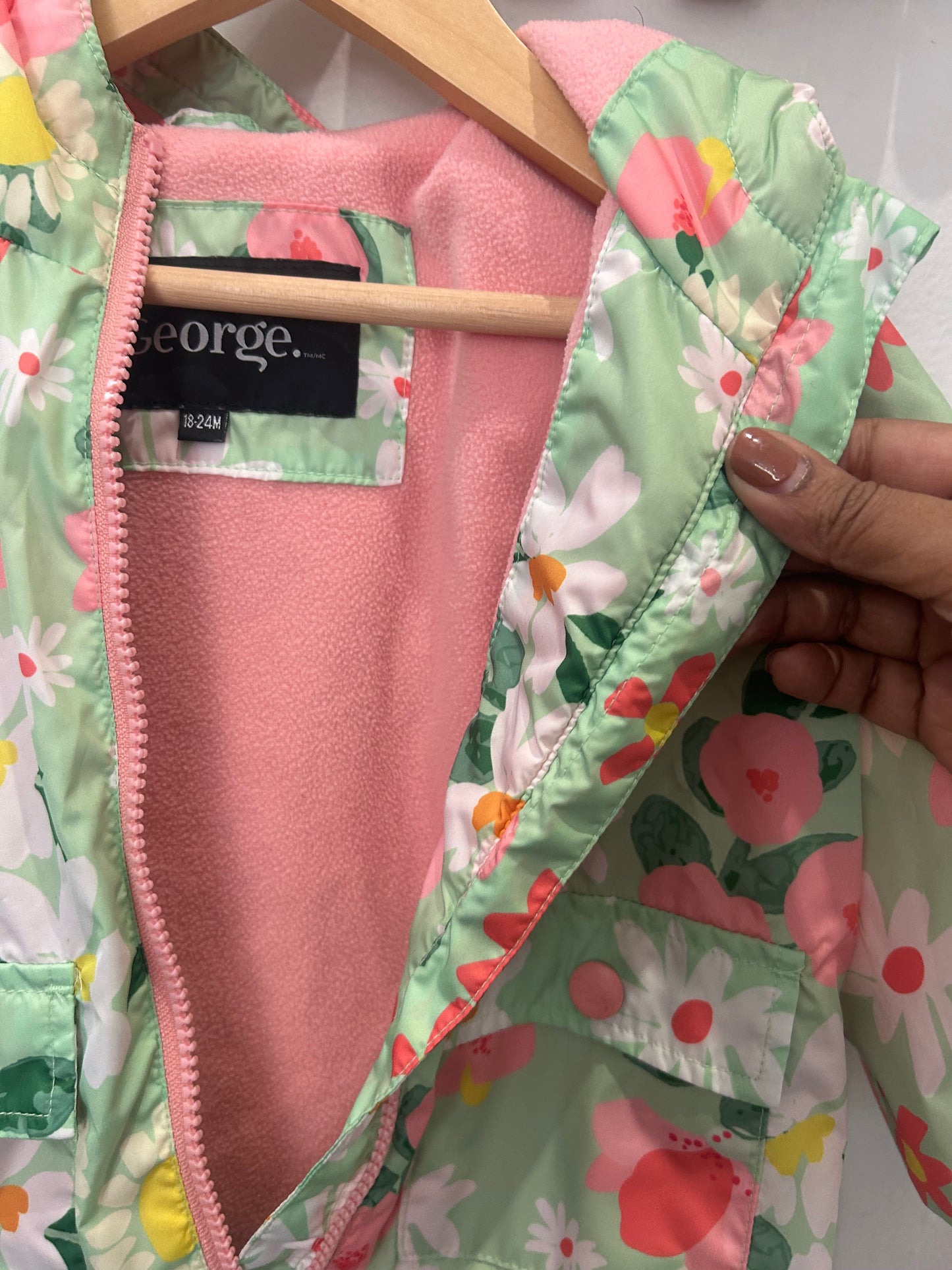 Green floral rainjacket fleece-lined 18-24m