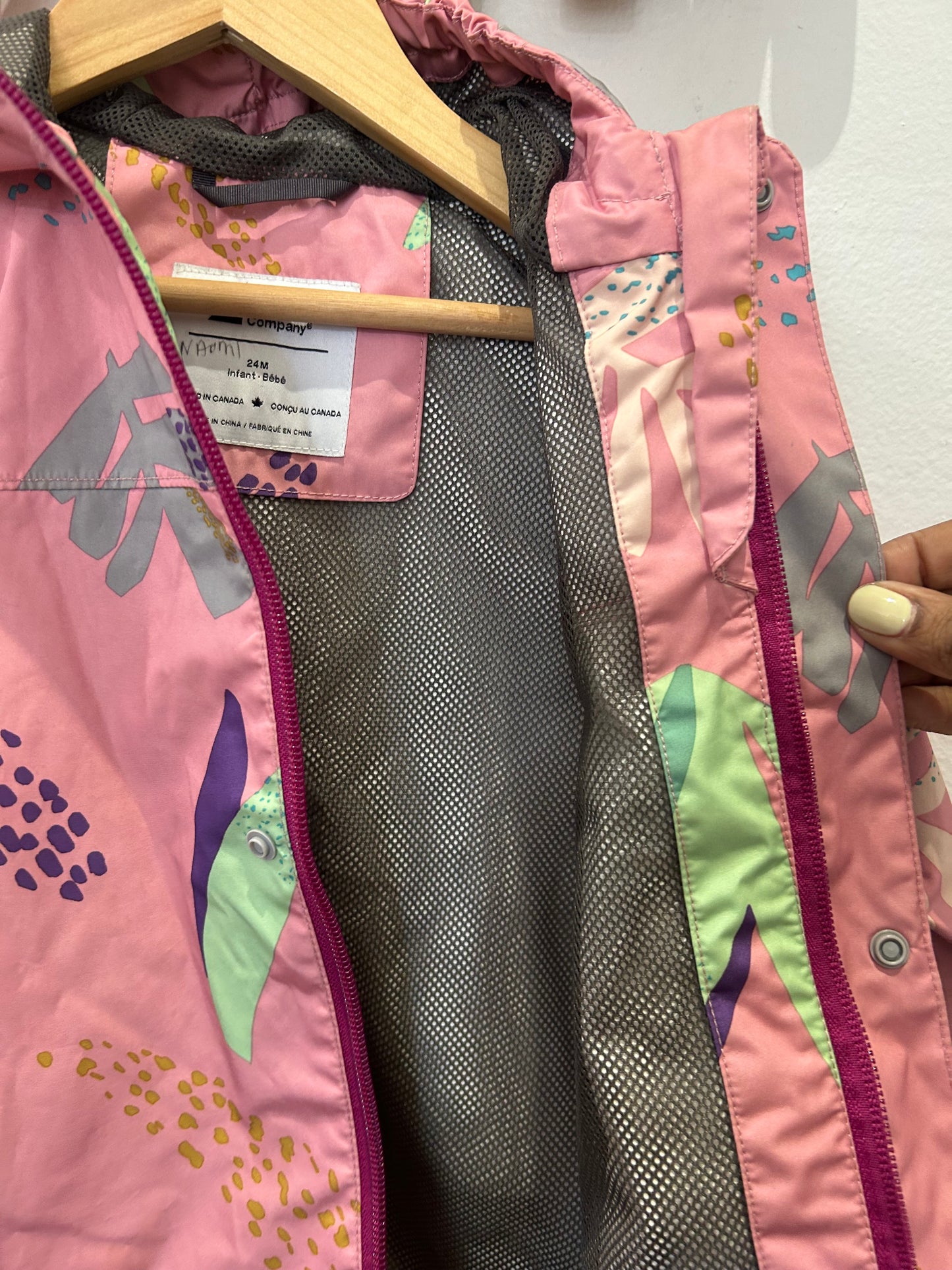 MEC pink print rainjacket 24m