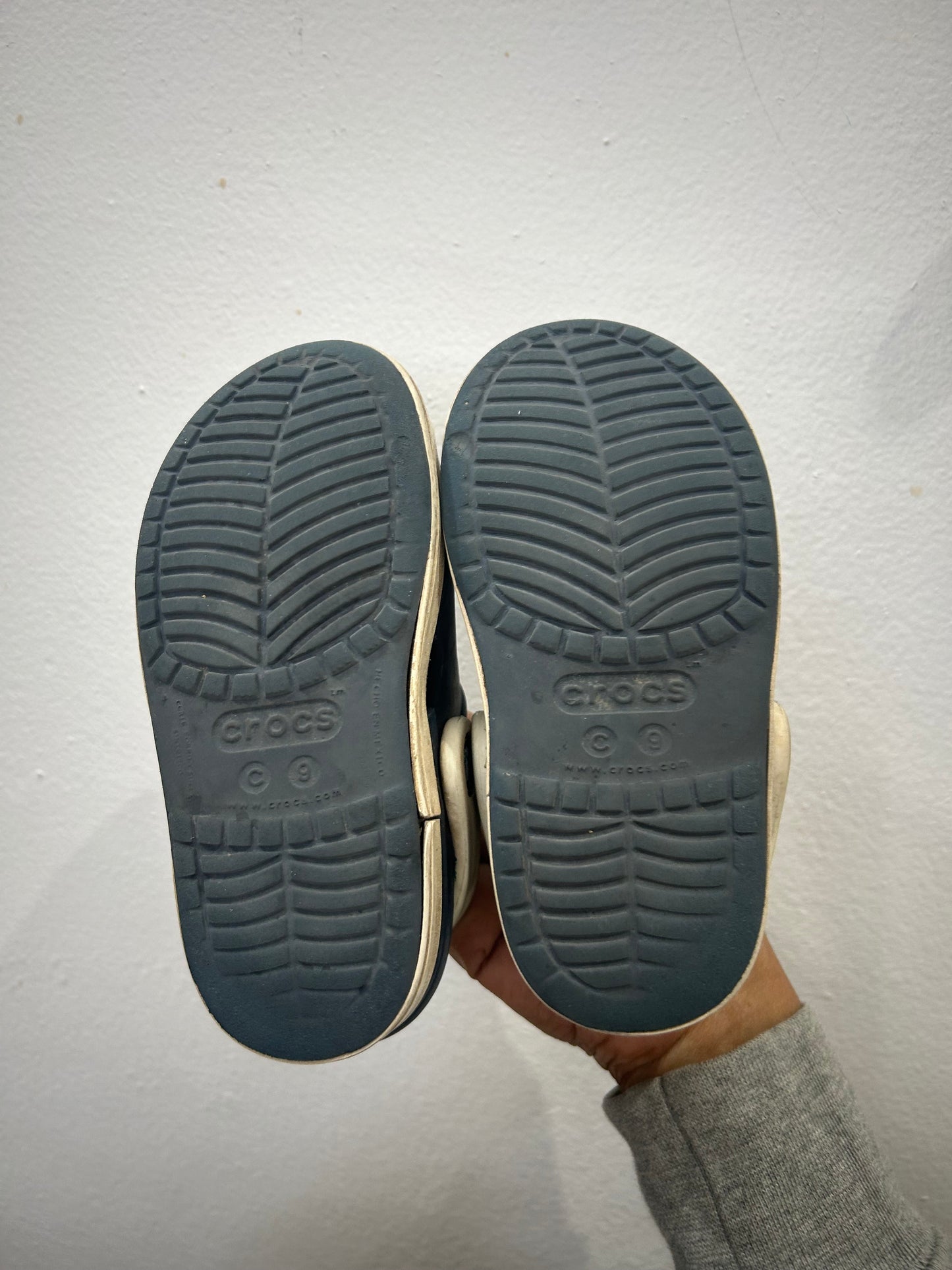 C9 navy and white Crocs