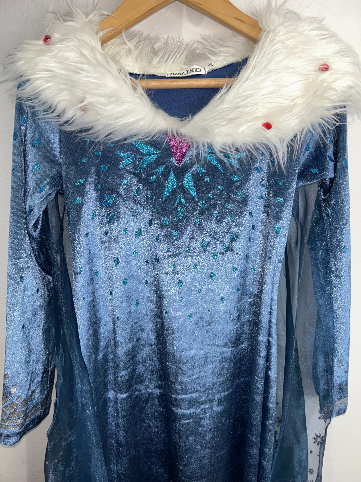 Cold blue velvet Frozen dress with fur collar 8-10y