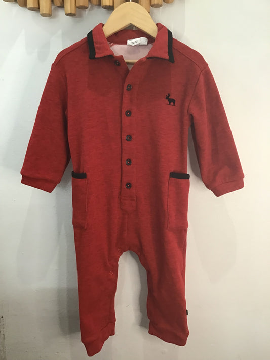 Deuxpardeux red fleece-lined romper 24m