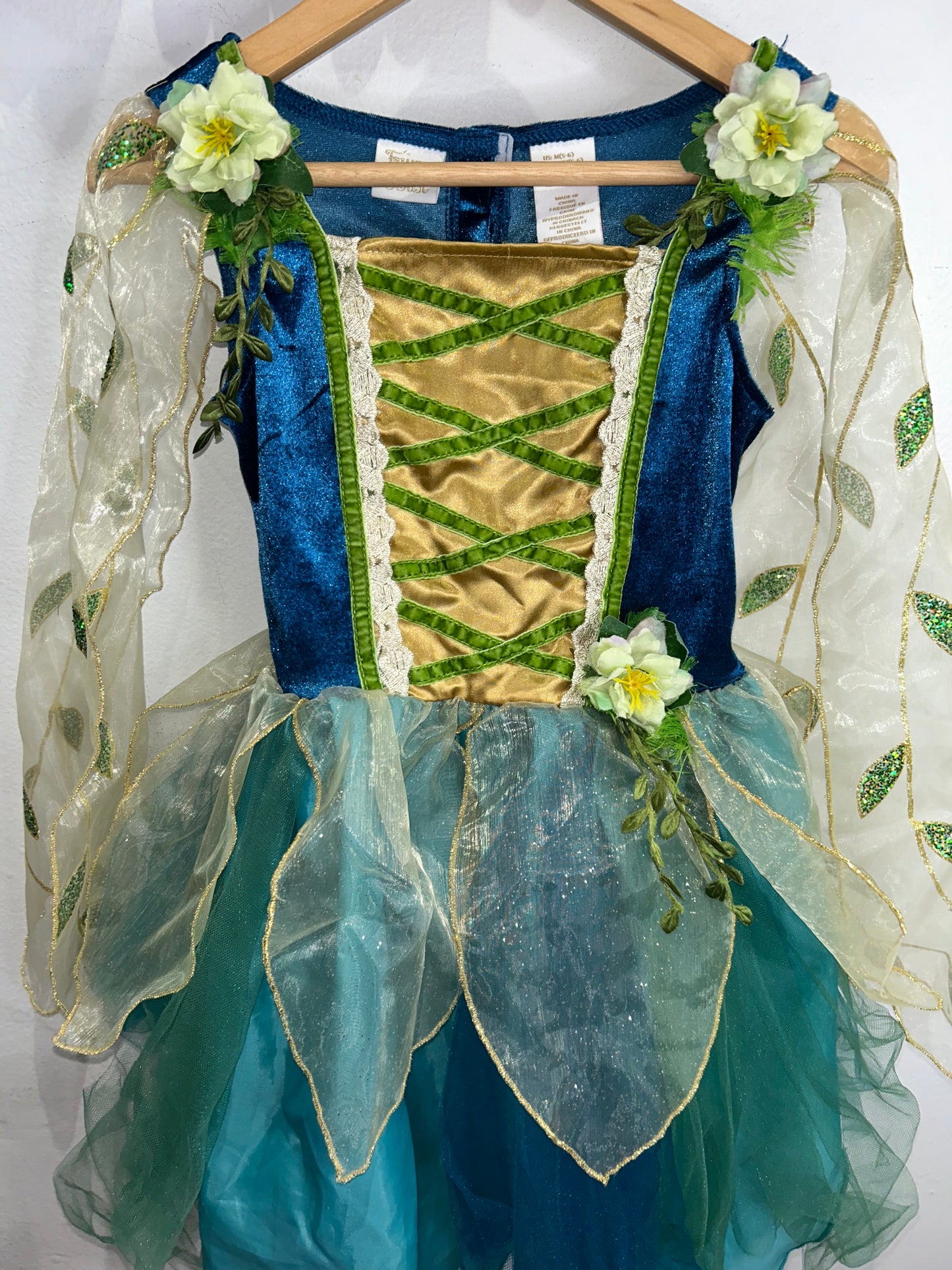 Blue, green and gold Forest Fairy dress with Flower Crown 5-6y