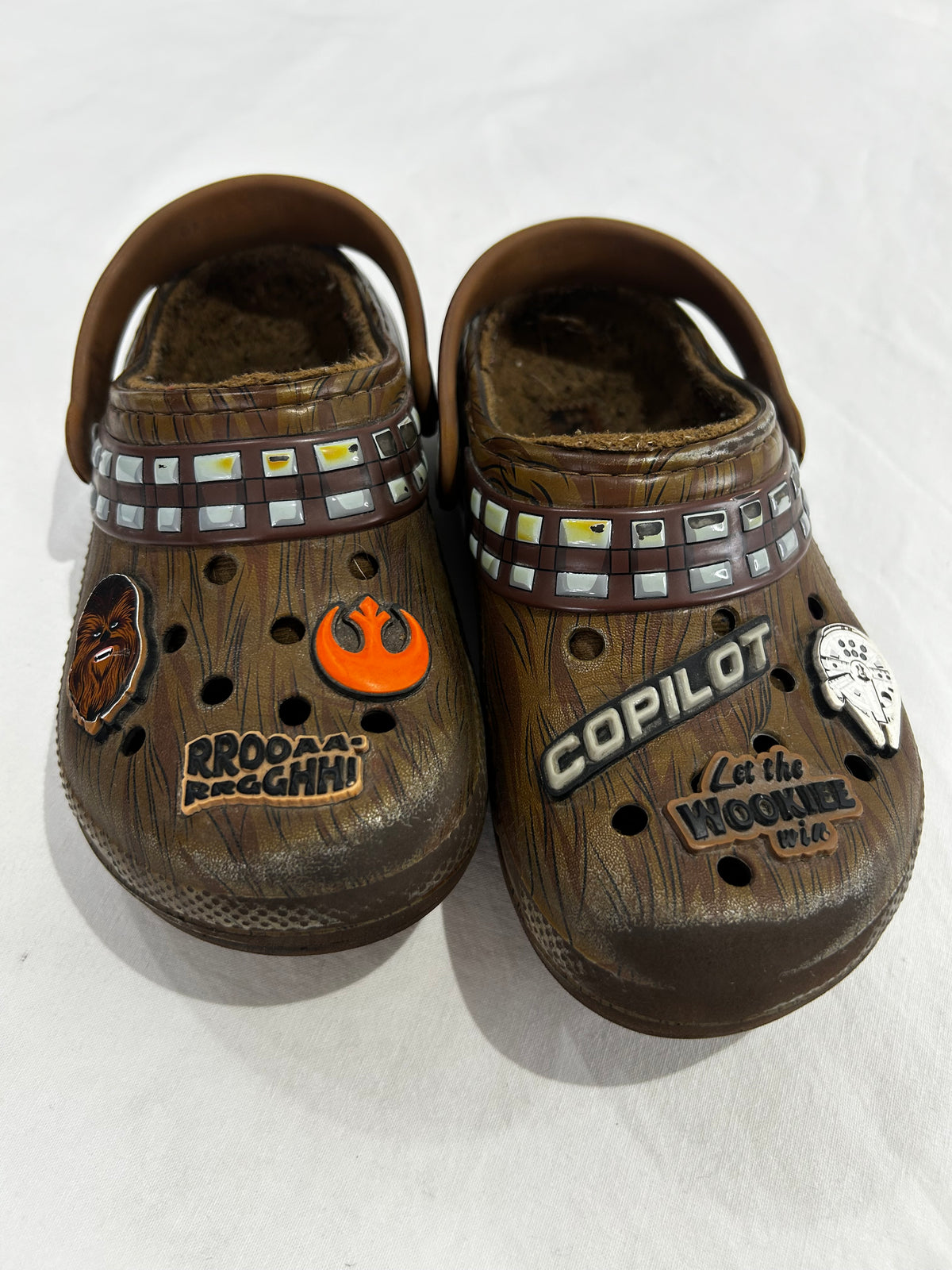 C12 brown lined Wookie Crocs