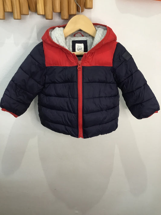 Red and blue mid-weight puffer jacket 12-18m