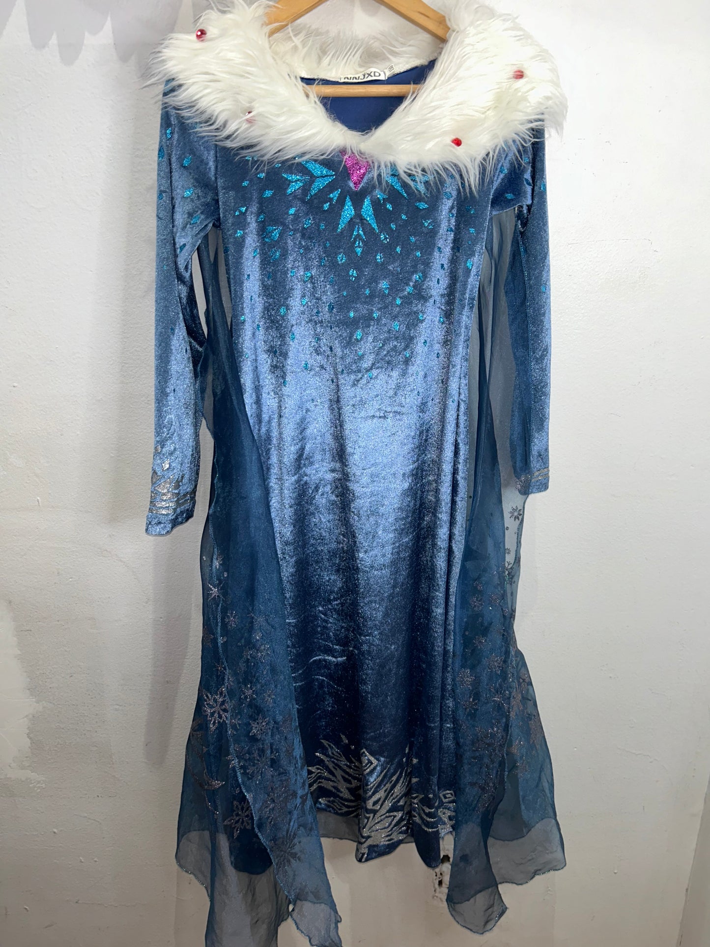 Cold blue velvet Frozen dress with fur collar 8-10y