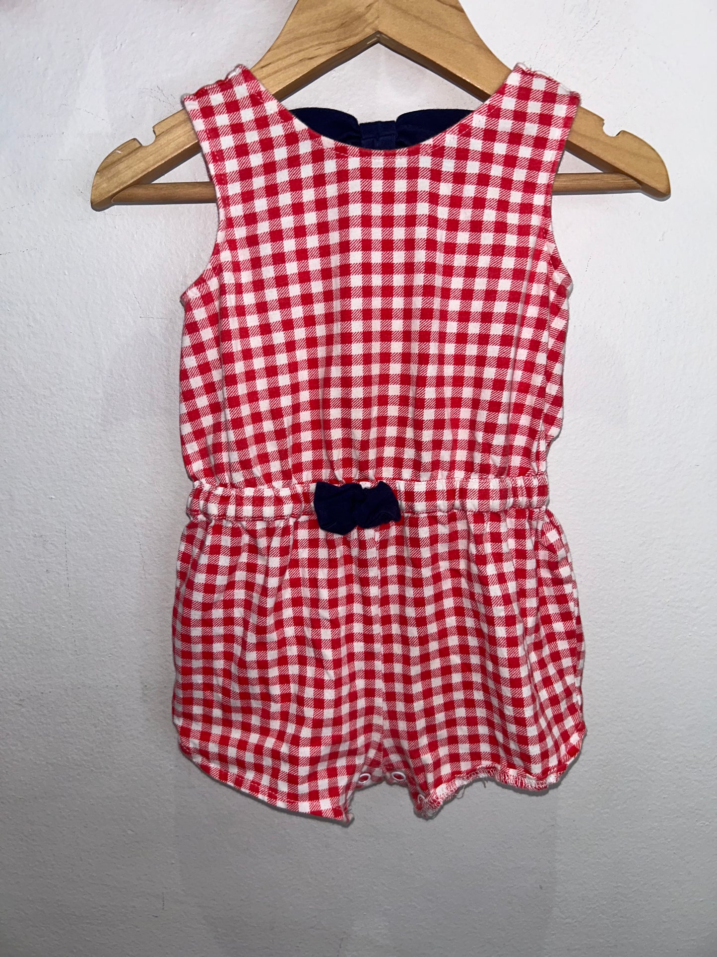 Red checkered shorty romper 18m