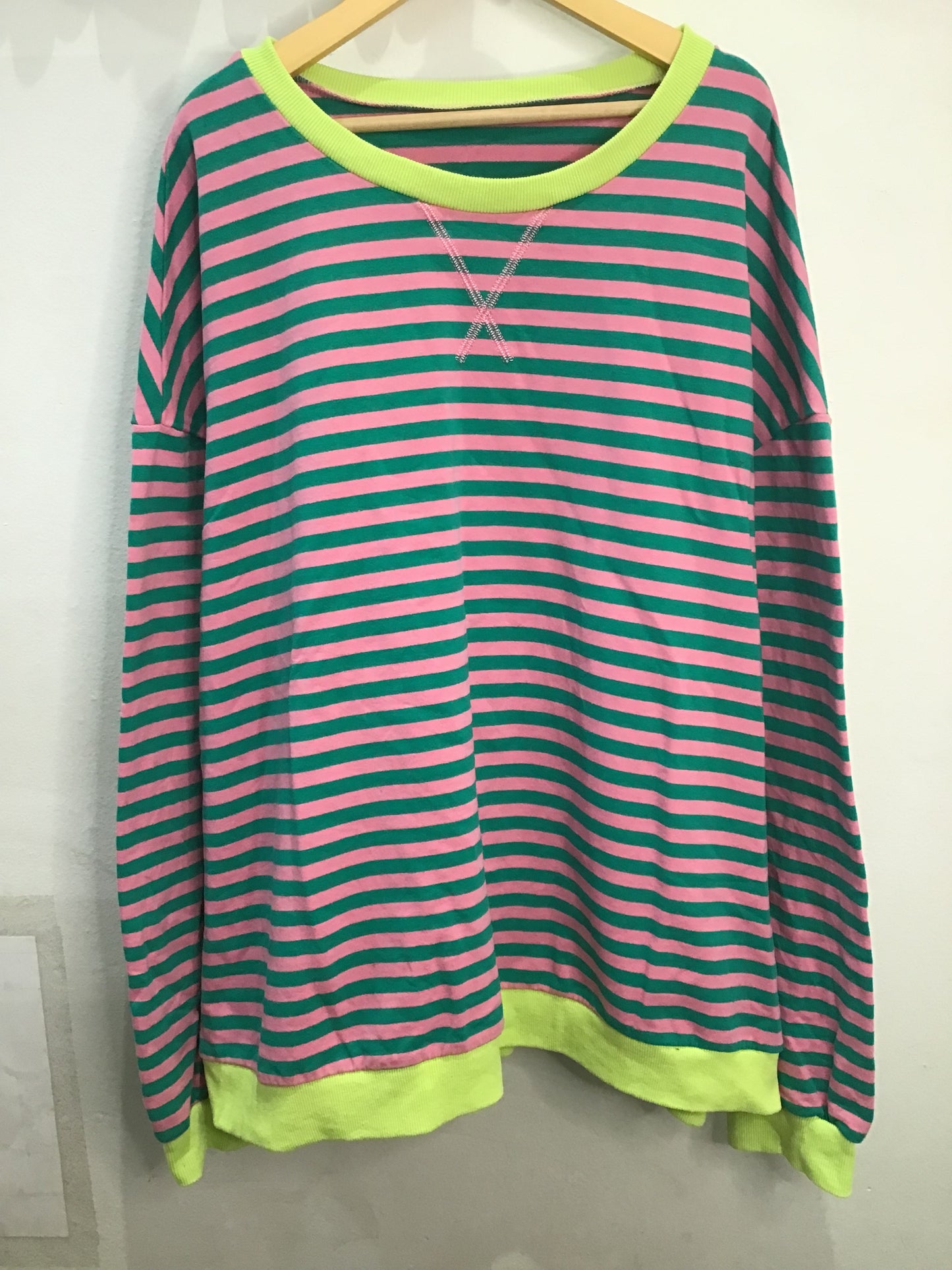 Pink and green striped pullover -adult XL
