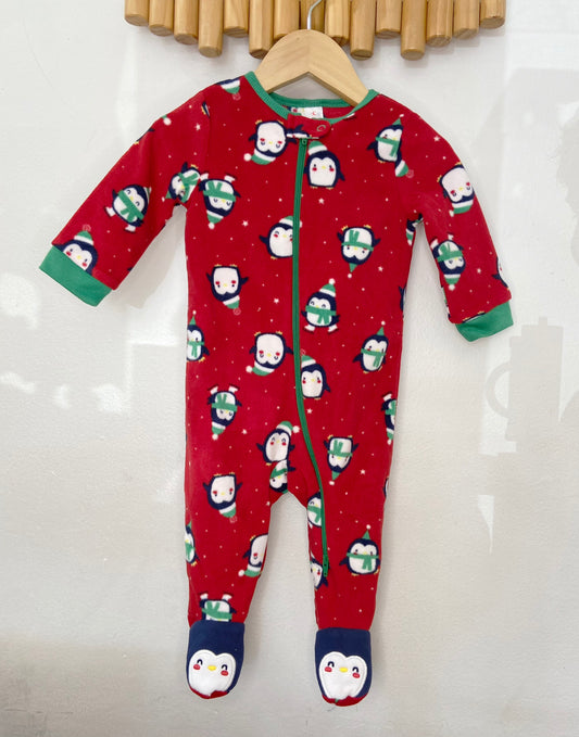 Penguins red fleecy sleeper 3-6m