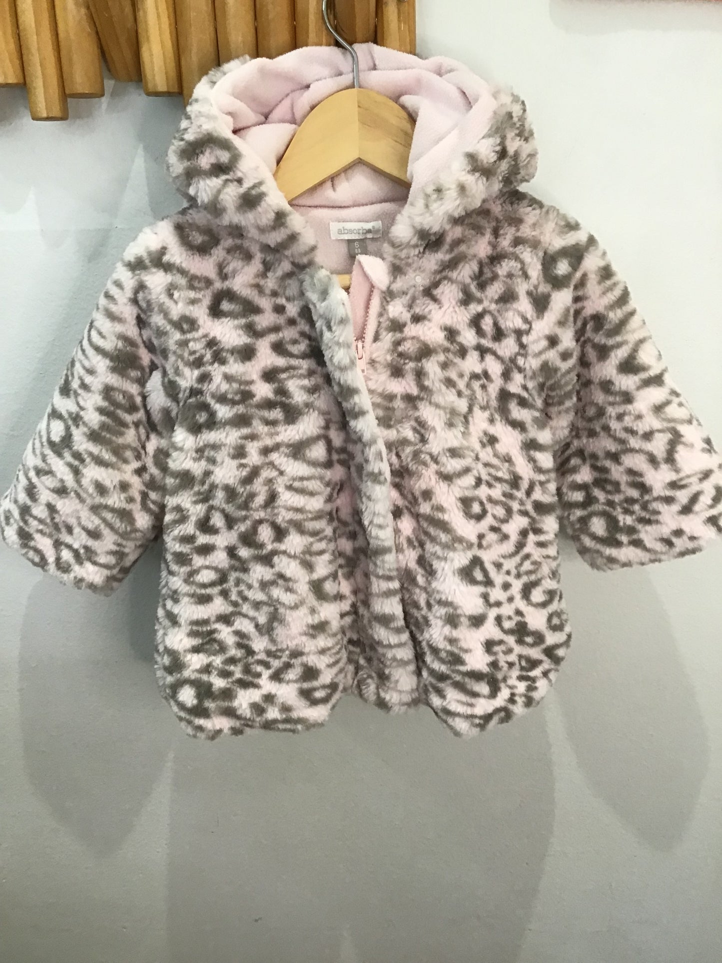 Furry pink leopard print coat 6m