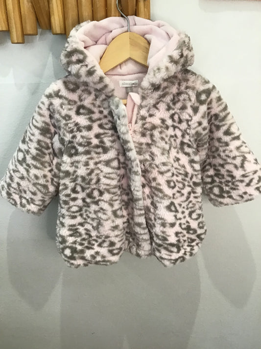 Furry pink leopard print coat 6m