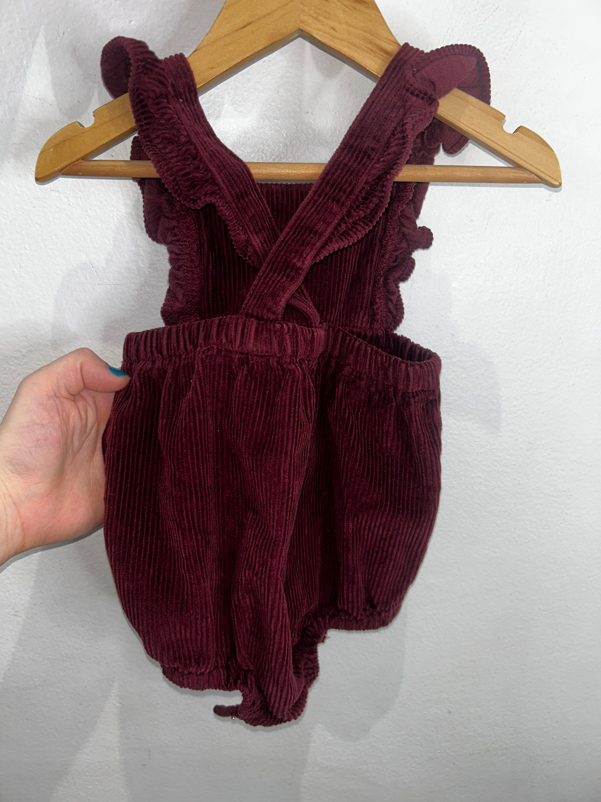 Maroon corduroy shorty romper 12-18m