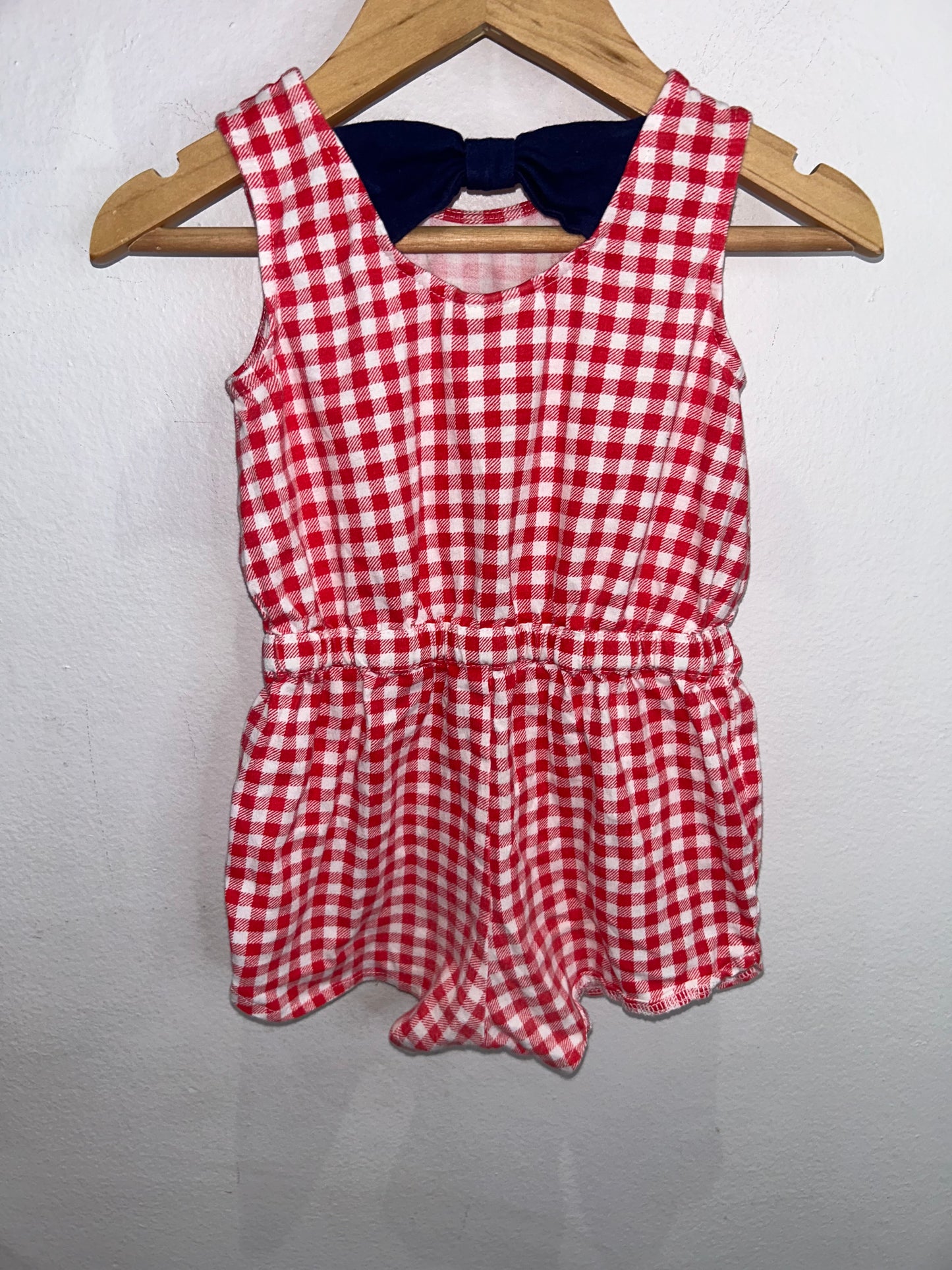 Red checkered shorty romper 18m