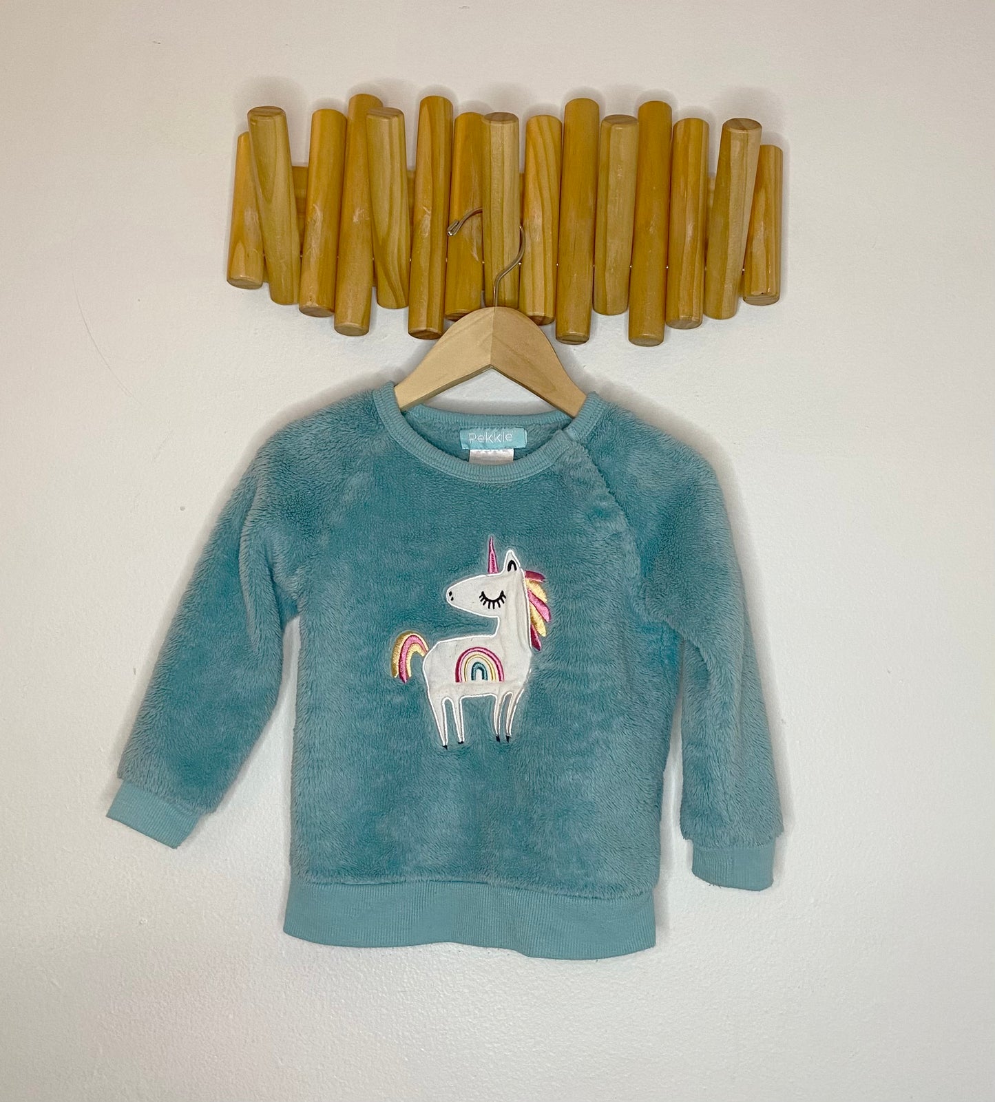 Furry teal unicorn pullover 18m