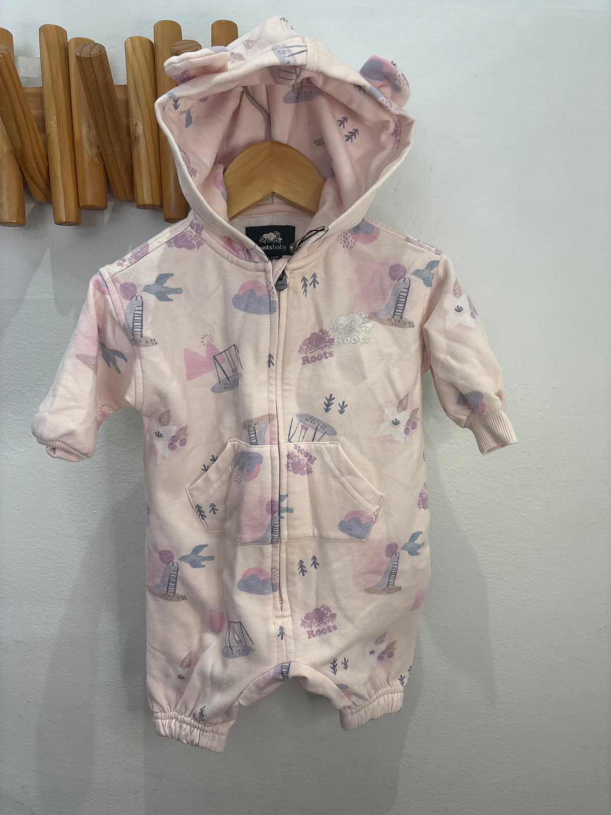 Roots pink print romper 0-3m