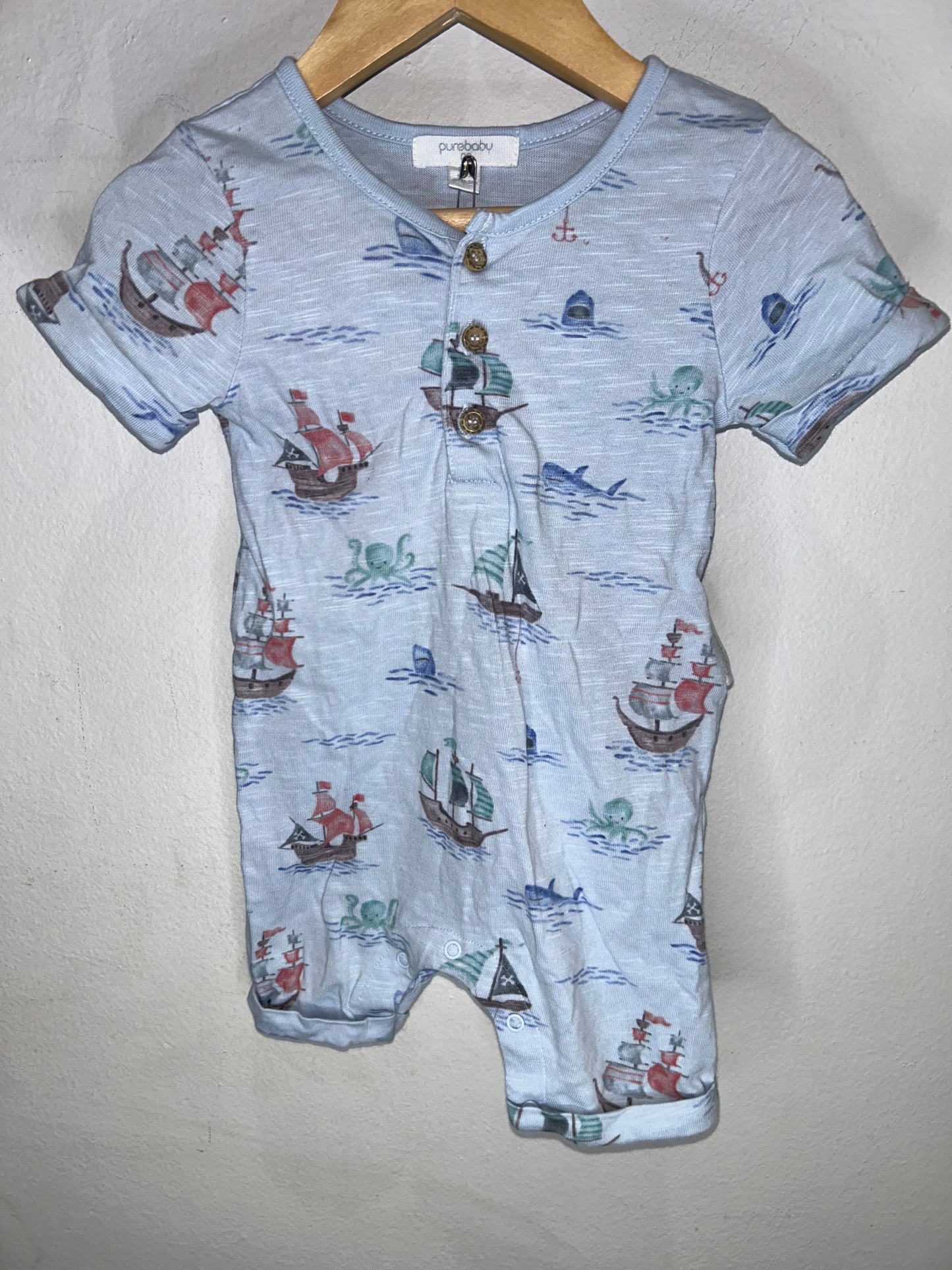 Blue Sailboat Romper 3-6m