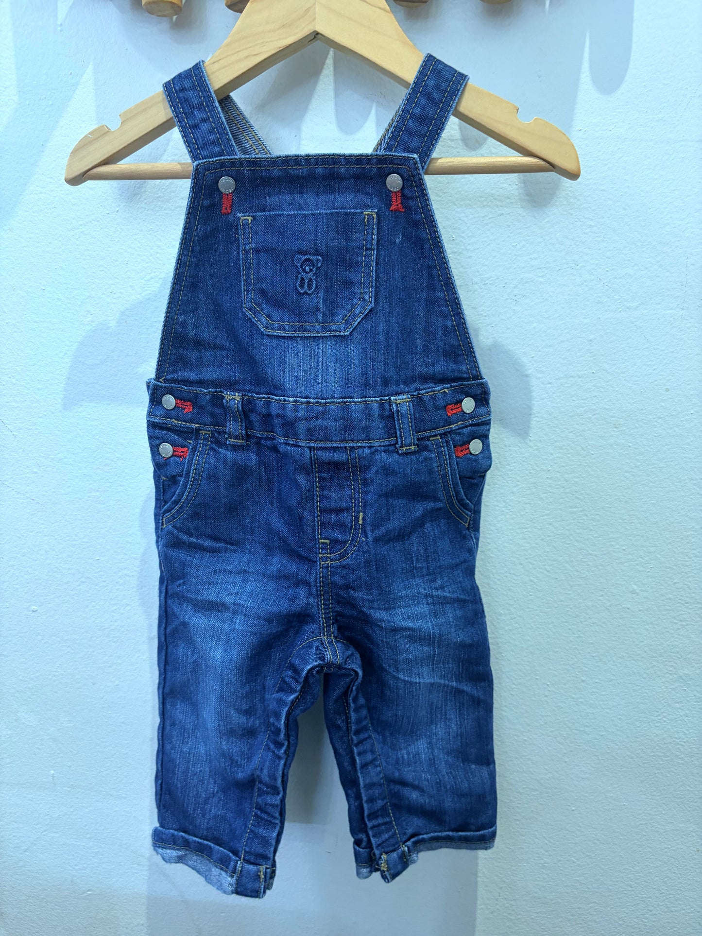 Denim overalls w red stitch 6m