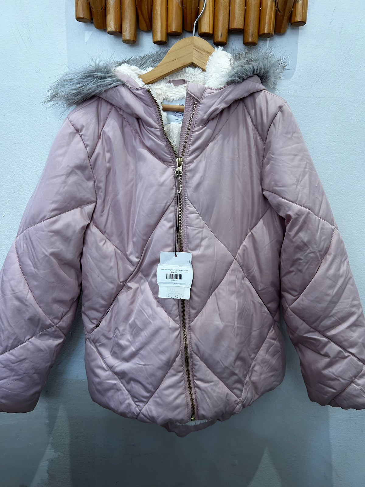 Light pink furry lined puffer jacket 10-12y