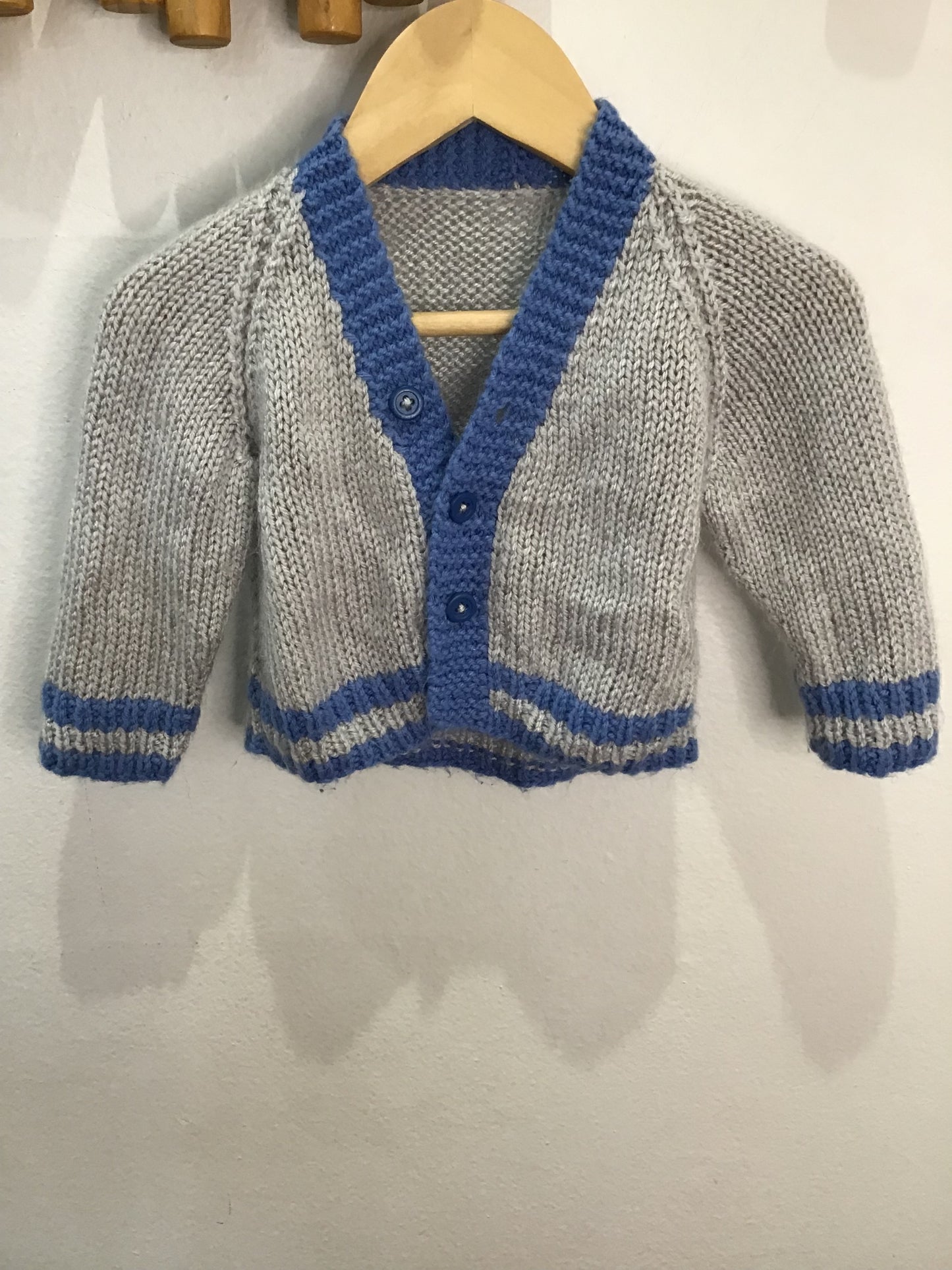 Grey and blue handknit cardigan 0-3m