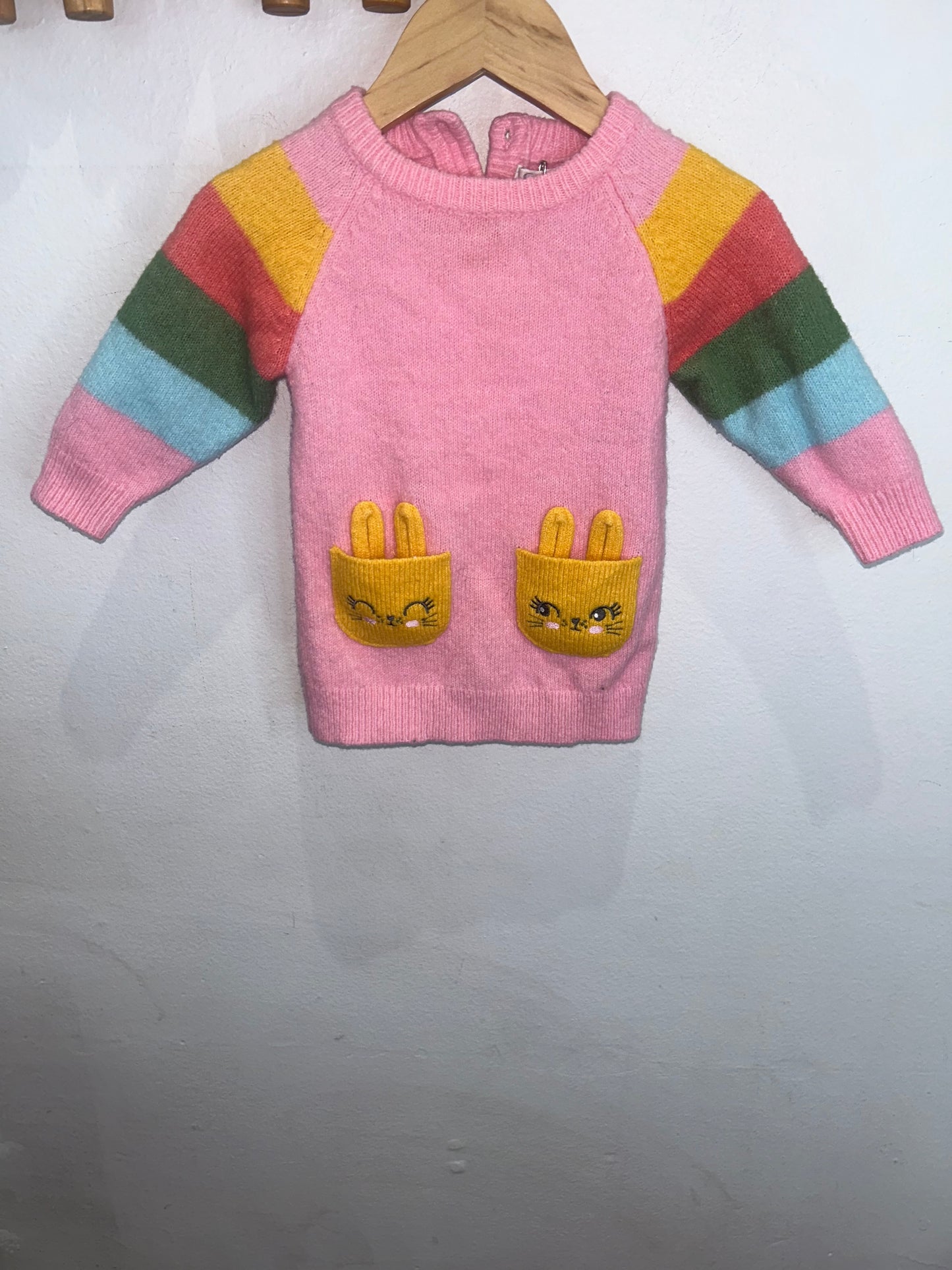 Pink sweater dress bunny pockets 3-6m