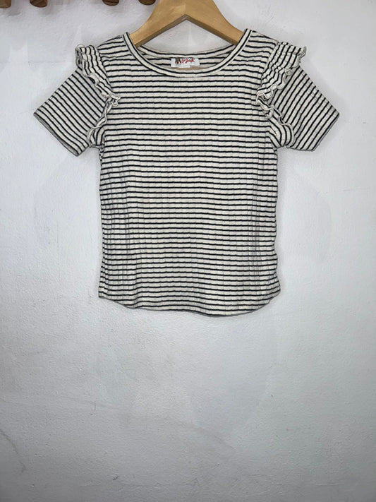Stirped ribbed frilly sleeeve te 3y