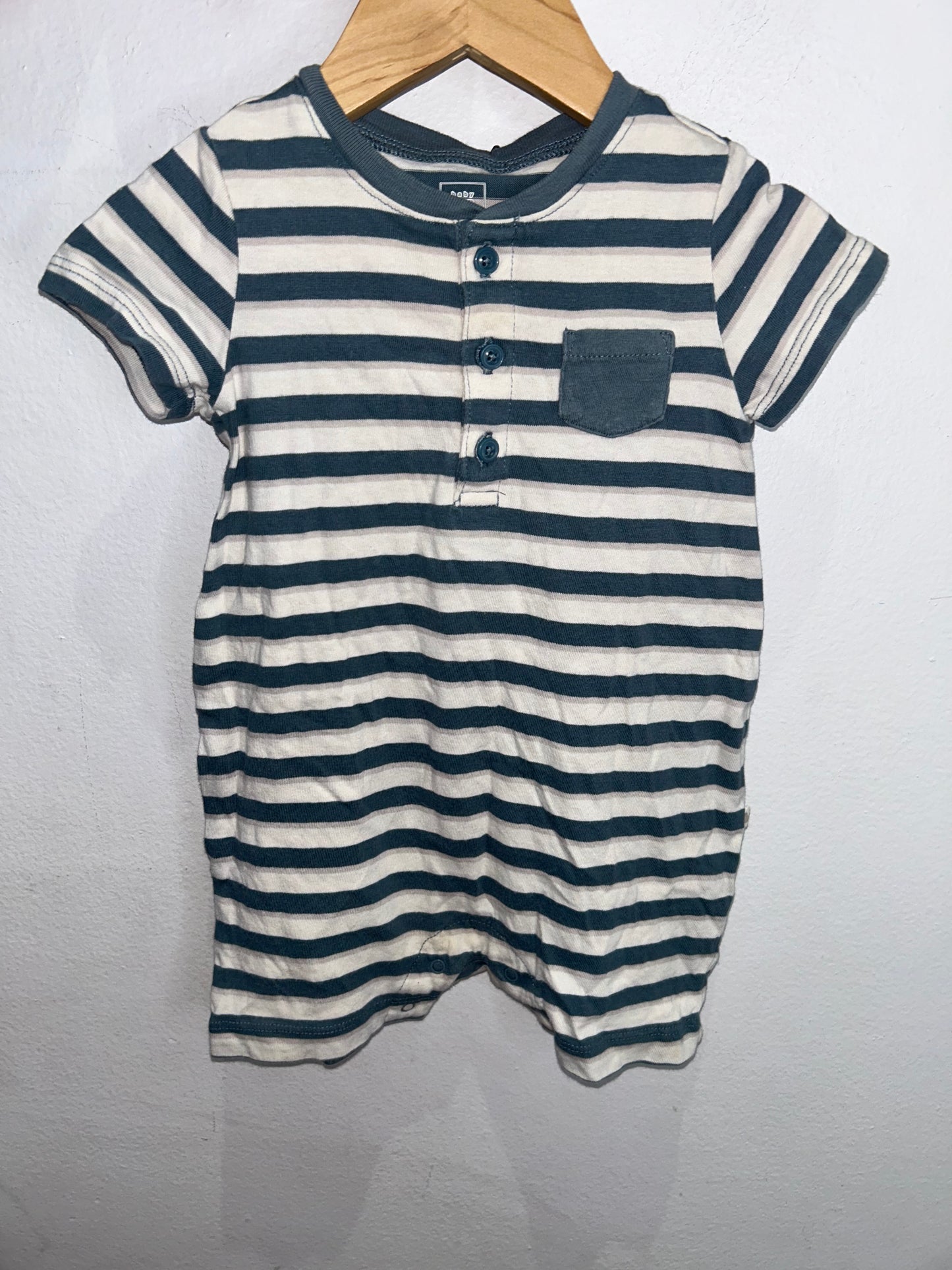 Blue striped shorty romper 6-12m