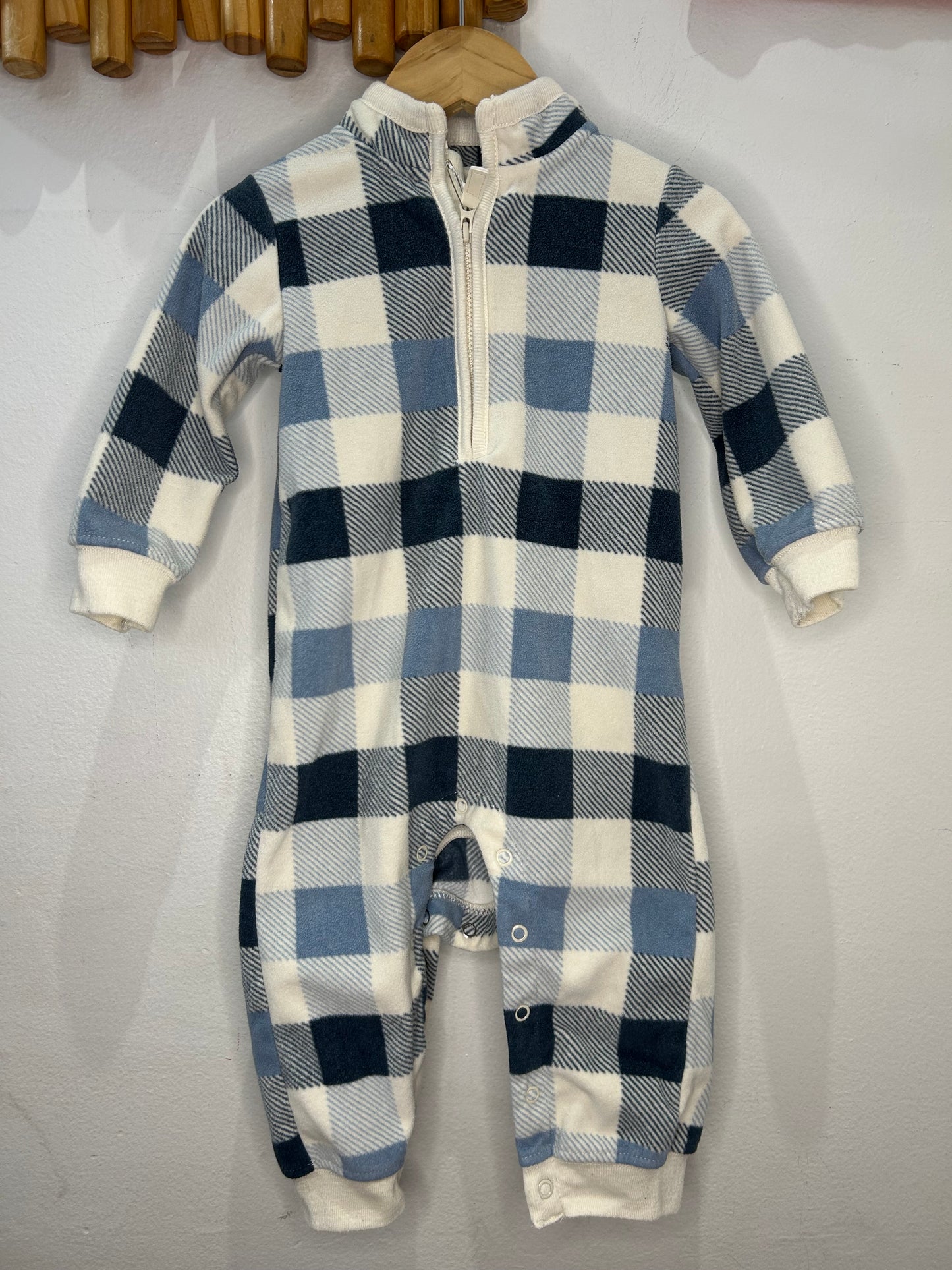 Blue checkered fleece romper 12m