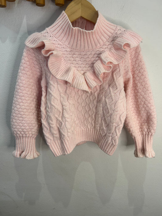 Pink frilly cable knit sweater 2y