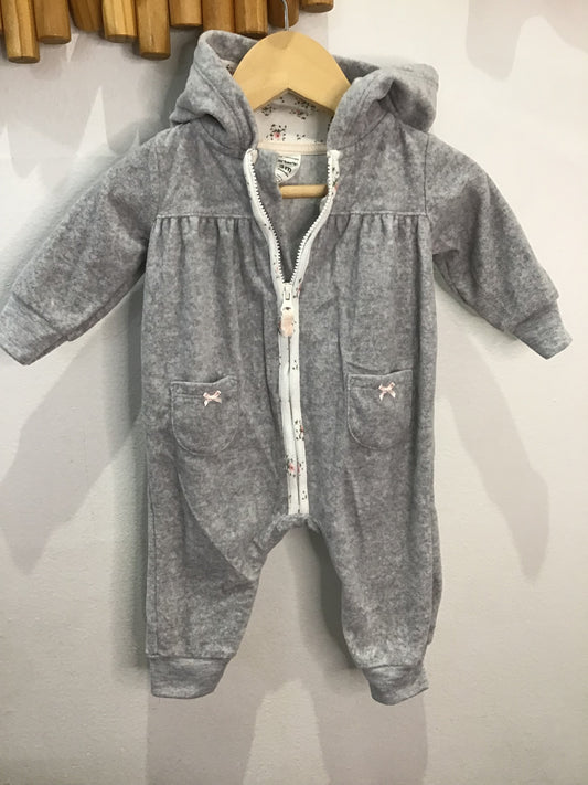 Grey floral detail fleece romper 3m