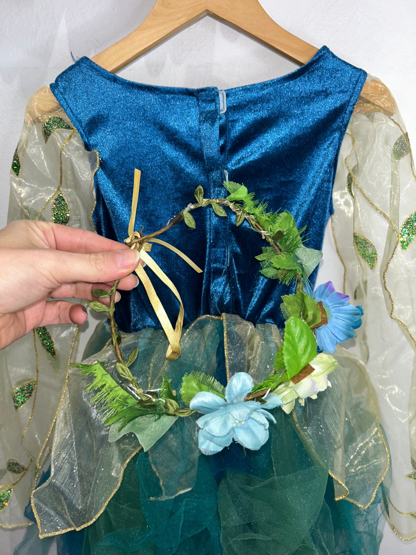 Blue, green and gold Forest Fairy dress with Flower Crown 5-6y