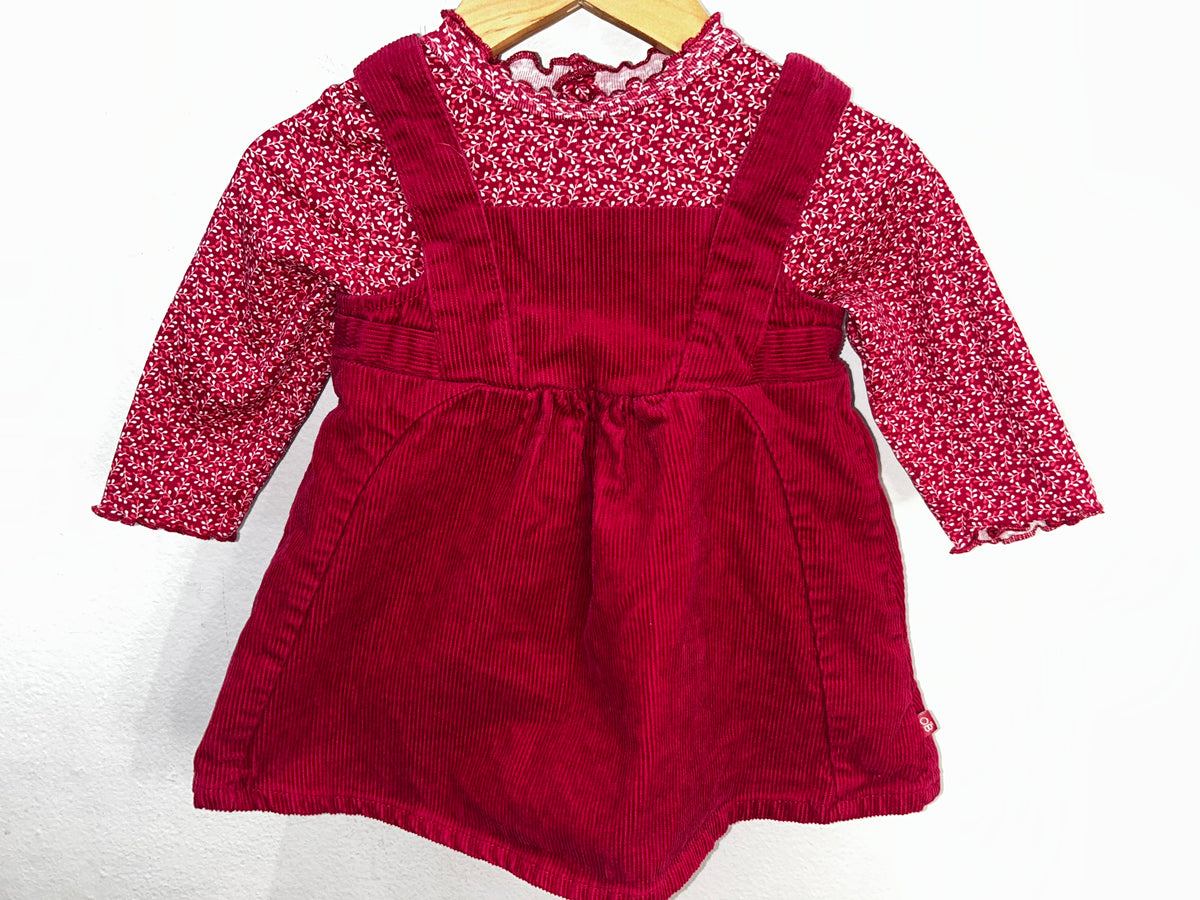 Cerise cord skirt romper and cardigan 6m