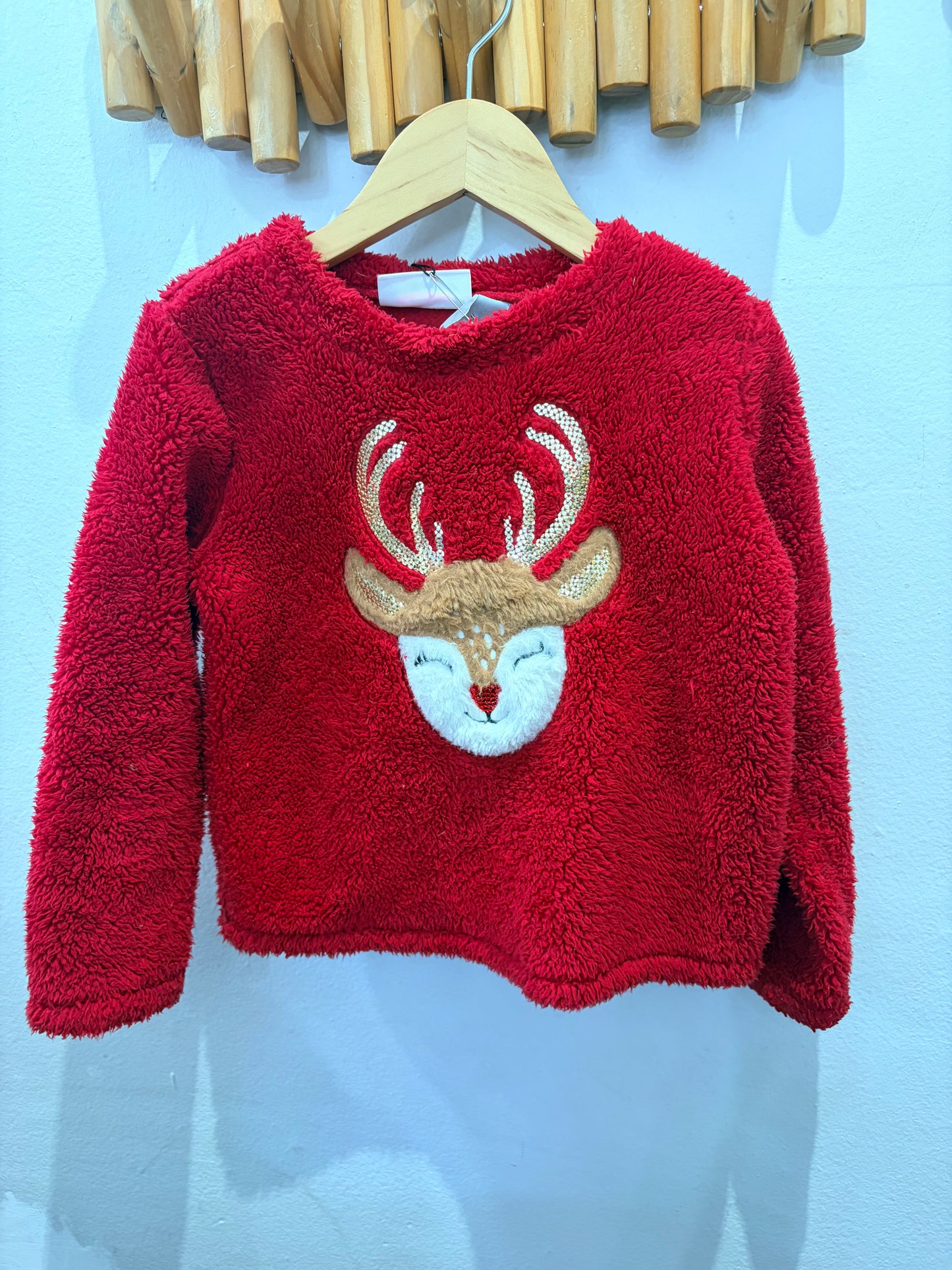 Furry red deer sweater 3y