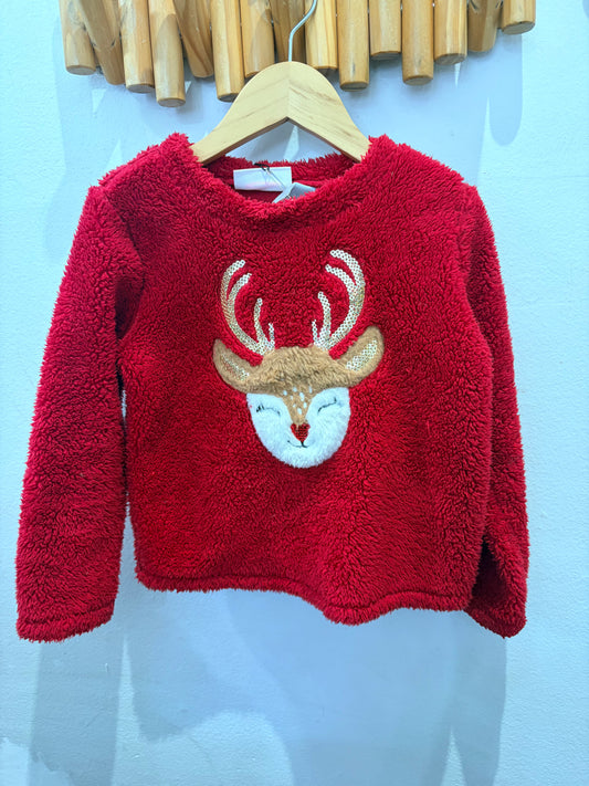 Furry red deer sweater 3y