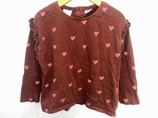 Brown longsleeve w pink hearts 4-5y