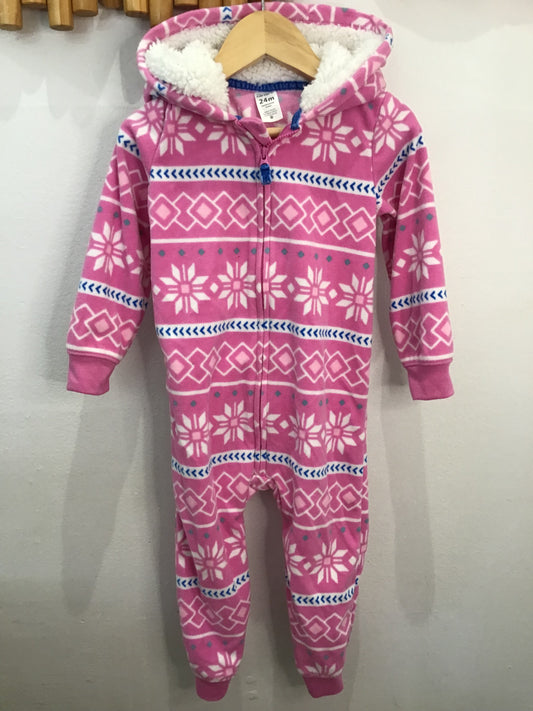 Fleece pink hooded romper 24m