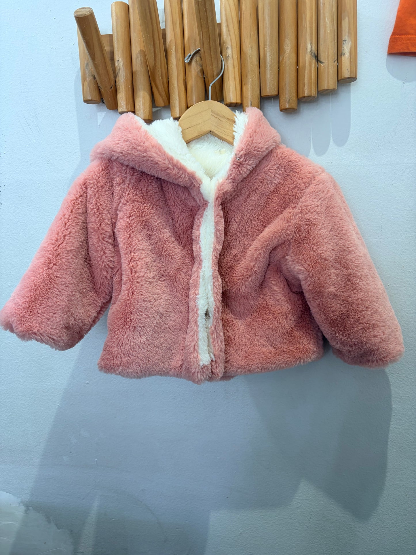 Furry pink reversible coat 12-18m