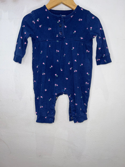 Blue ribbed floral romper 0-3m