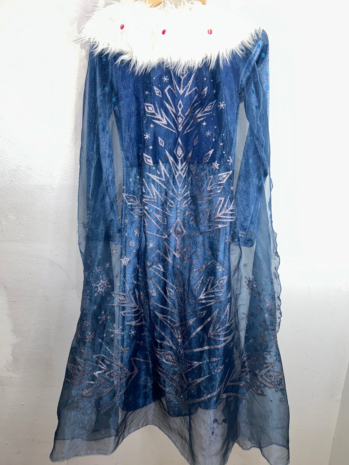 Cold blue velvet Frozen dress with fur collar 8-10y