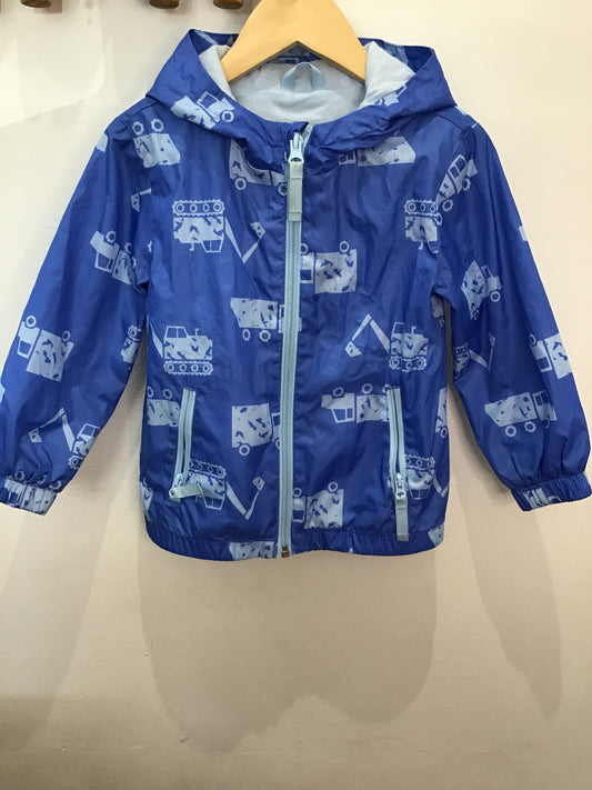 Blue construction print rain jacket 2y