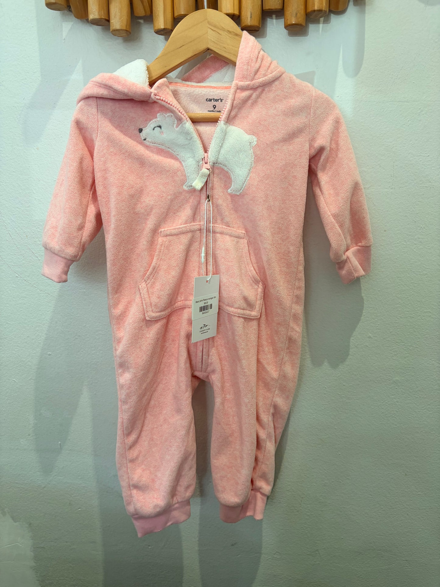 Bear pink fleece romper 9m