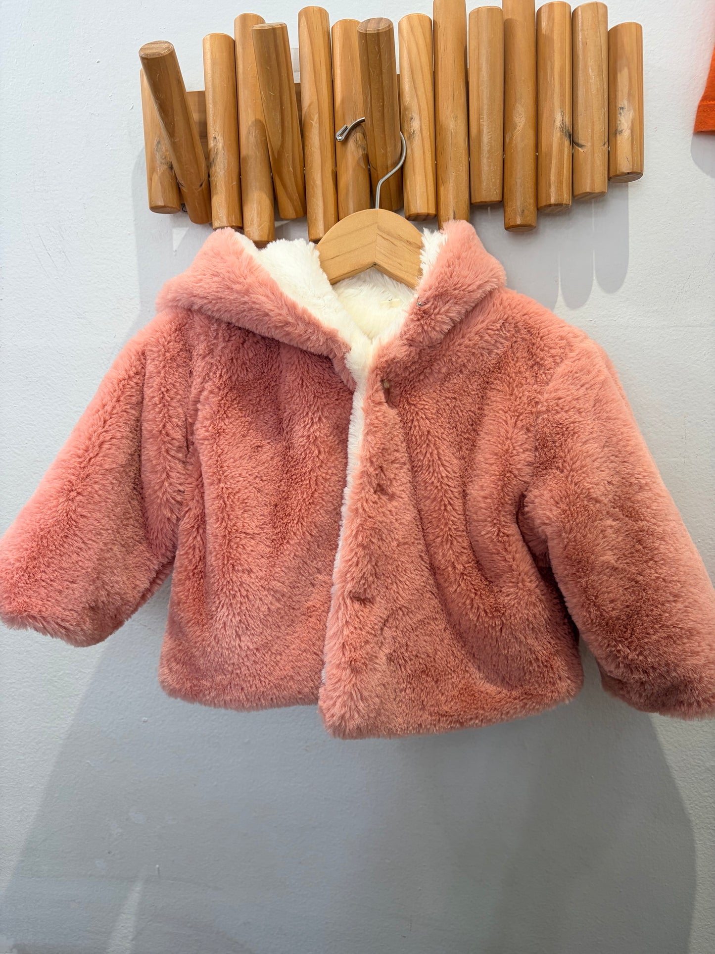 Furry pink reversible coat 12-18m